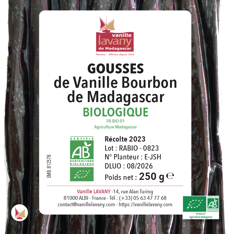 Etiquette de Vanille LAVANY Bourbon de Madagascar - Poids net total 125 g