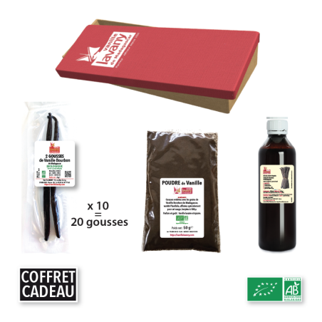 Coffret CADEAU 100% Vanille - 10 gousses - 50g Poudre - Extrait liquide100 ml