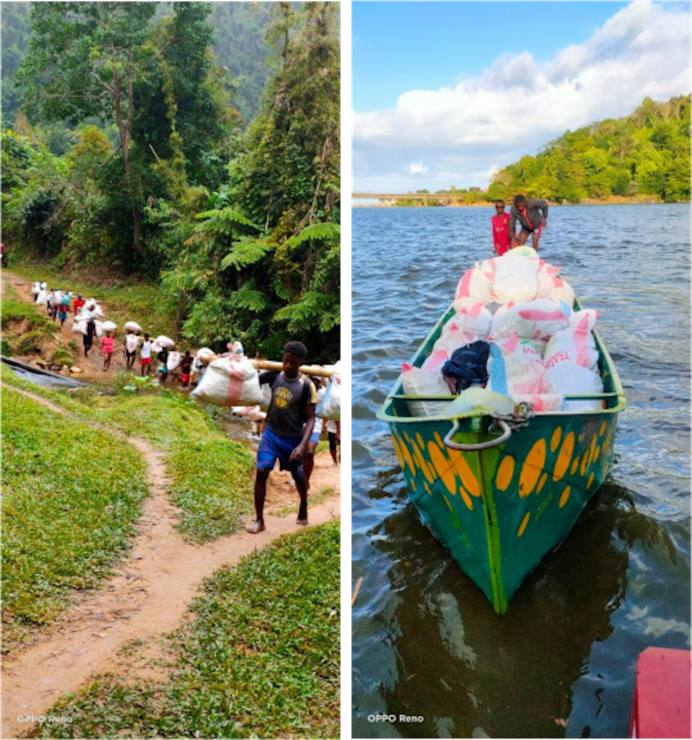 Boden- und Kanutransport auf dem Fluss Ankavana vom Busch von Betavilona zu unserer Raffineriestation in Madagaskar